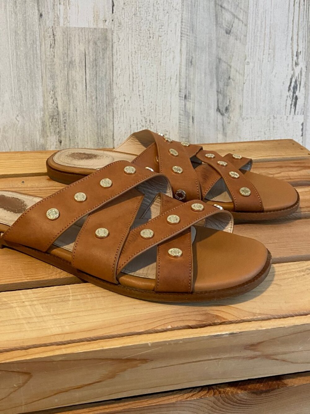 Cole Haan Women's Size 8.5 Winona Slide Sandals Brown Leather Gold